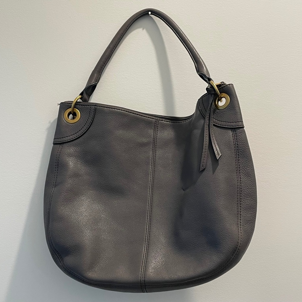 Fossil Gray Leather Geometric Patchwork Hobo Bag … - image 4